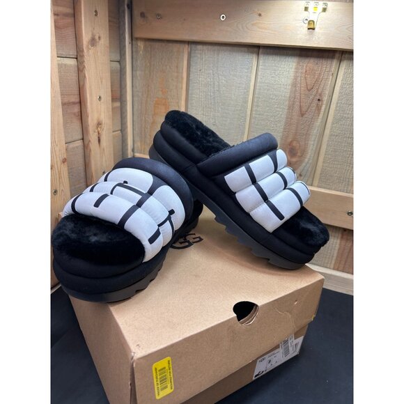 Ugg Womens Maxi Slide Logo Sandals Black & White Fur Lined Size 8 - Picture 3 of 8